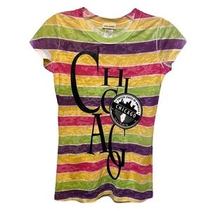 SUNSHIRT T-Shirt Girls Size Small Chicago‎ Multi Striped Cap Sleeve Funky Boho